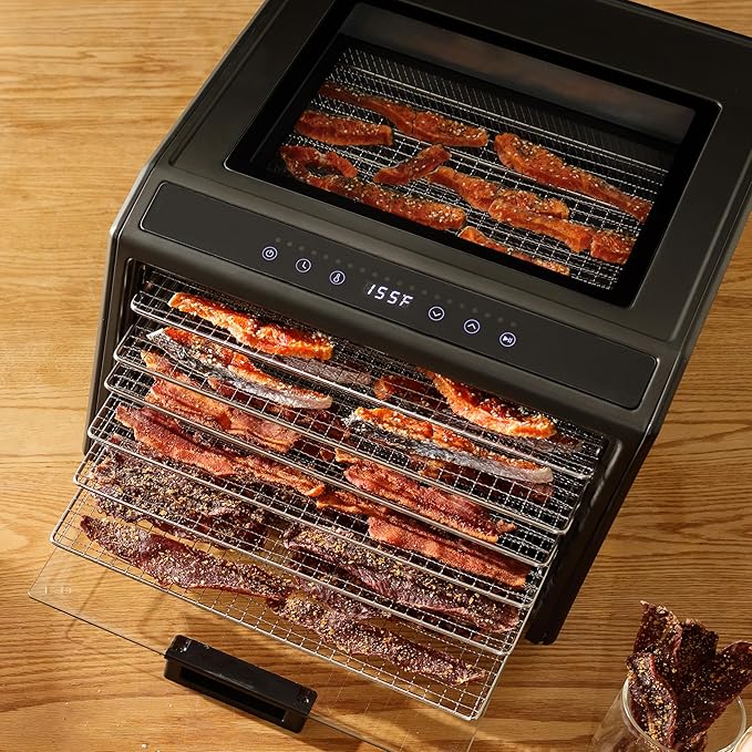 Excalibur Electric Food Dehydrator Performance Series 6-Tray with Adjustable Temperature Control Includes Stainless Steel Drying Trays Glass Door Top View Window and LED Display Progress Bar, Black