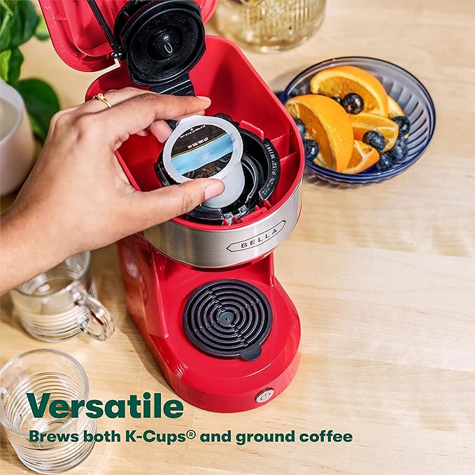 BELLA Dual Brew Single Serve Coffee Maker, Brews both Kcup and Ground Coffee, Large 14oz Capacity, Easy One Touch, Auto Shutoff, Red