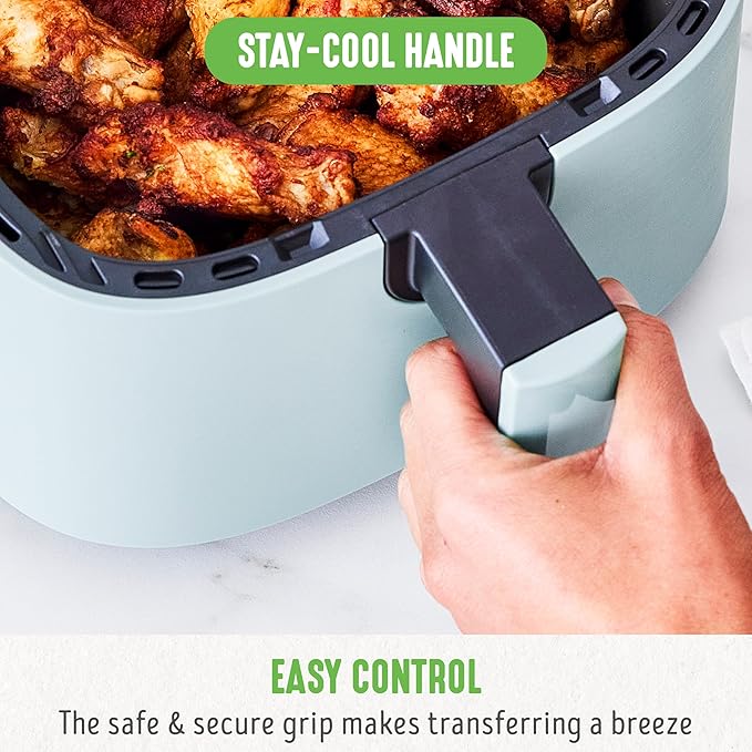 GreenLife 4.5QT Air Fryer, Mechanical Dial Controls, PFAS-Free Ceramic Nonstick Drawer, Adjustable Temp & Timer, LED Indicator, Oil-Less Cooking, Dishwasher Safe, Compact Family Size, Blue