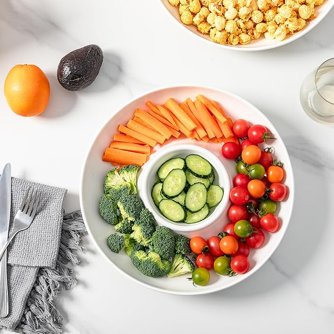 LEHAHA Ceramic Chips and Dip Serving Tray, 12 Inch Large Divided Bowls Set for Salsa, Veggies & Dip, Appetizers, Snacks, Serving Dish Platter for Parties Hosting & Entertaining. Set of 2, white