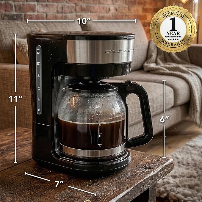 OVENTE 12-Cup Drip Coffee Maker with Borosilicate Glass Carafe, One-Touch Operation Machine, Anti-Drip System, Reusable Filter and Clear View Water Level Gauge, Ideal for Home or Office, Black CM412B