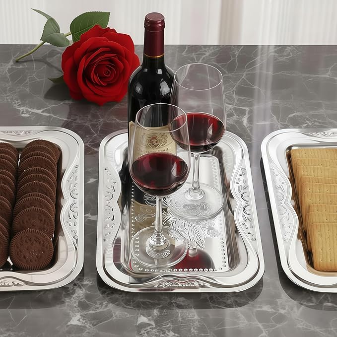 6-Pack Silver Serving Trays Set (14" x 9") – Bow Floral Engraved Serving Platters for Parties, Weddings, Birthdays, Festive Occasions – Mirror Trays for Charcuterie, Cookies, Desserts, Snacks, Fruit