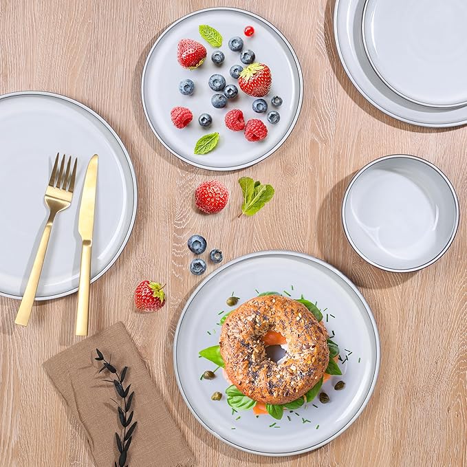 E-far Stoneware Dinnerware Sets for 4, 12 Pieces Reactive Glaze Plates and Bowls Sets, Elegant Dishes with Rustic Terracotta Base, Dishwasher & Microwave Safe, Scratch Resistant, Glacier White