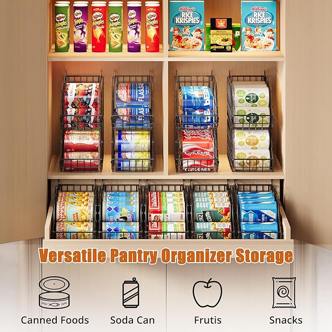 8-Pack Can Organizer for Pantry, Stackable Cabinet Food Shelves for Fridge, Wire Cupboard Storage, Holds up to 72 Beers,Small Metal Bin for Drink Beverage Egg Gillas, Rack for Kitchen Countertops RV