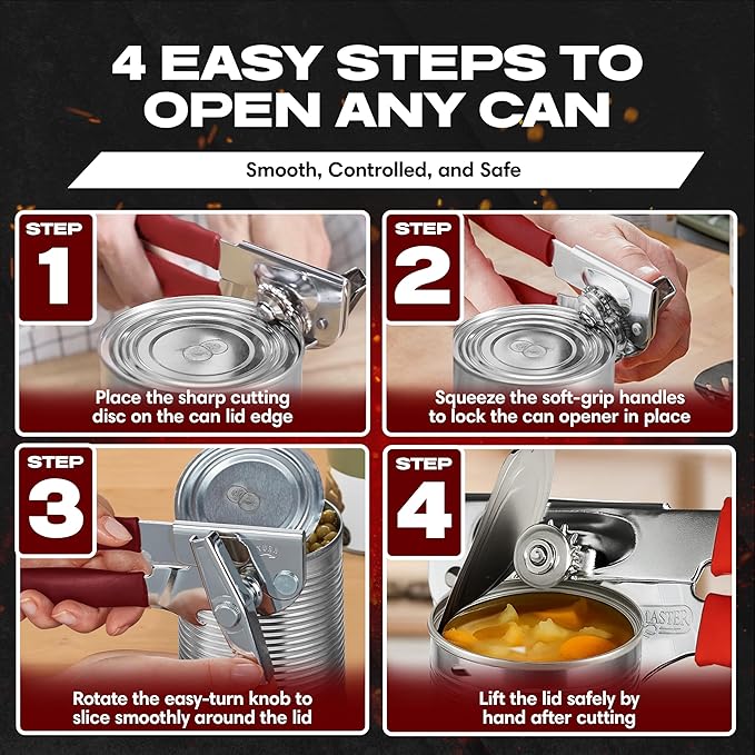 Chef-Master Commercial Can Opener, Multi-Purpose Can-Opener Manual, Easy Turn Anti-slip Grip Knobs, Sharp Cutting Discs, Manual Handheld With Soft Handle for Large Cans & Kitchen Use -90226