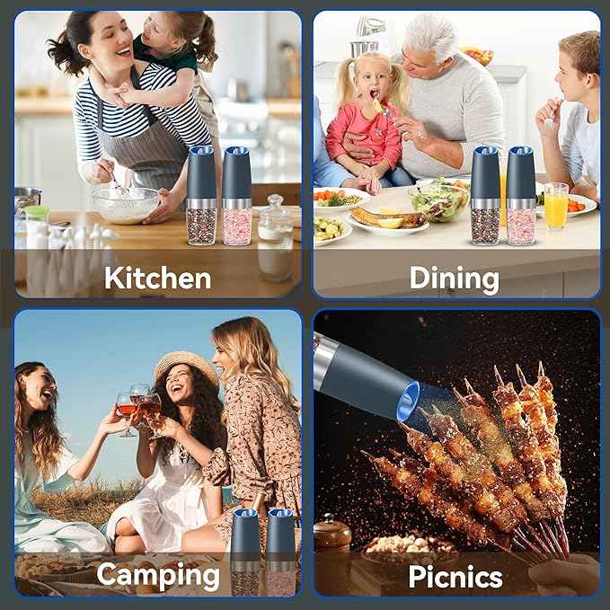 Gravity Electric Salt and Pepper Grinder set of 2, Automatic Salt And Pepper Grinder Set, Adjustable Roughness, Battery Powered, LED Light, 2 Pack, (Grey)