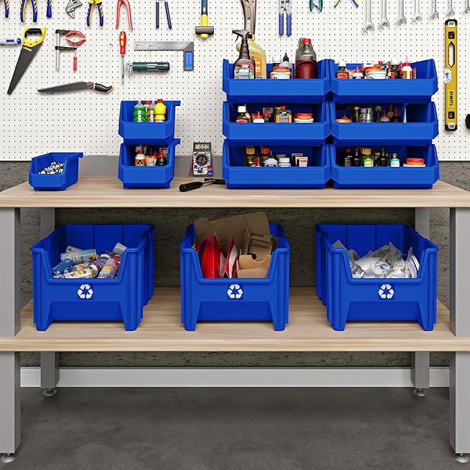Plastic Containers for Organizing and Storage Bins for Closet, Kitchen, Office, Garage or Pantry Organization, Stackable Bins, Extra Large (14.8" x 16.5" x 7"), 4-Pack, Blue