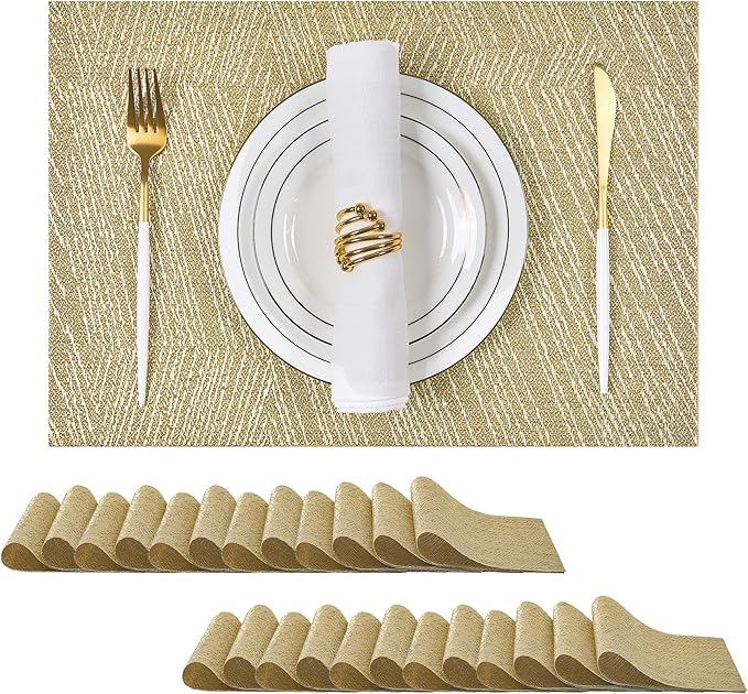 Leetaltree Gold Placemats Set of 24 - Heat Resistant Non-Slip Place mats for Dining Table, Washable Durable PVC Vinyl Woven Table Mats(Luxury Gold, 24)
