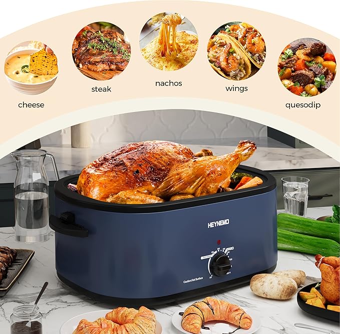 26 Quart Electric Roaster Oven with Visible & Self-Basting Lid, Large Turkey Roaster with Defrost Warm Function, Adjustable Temperature, Removable Pan Rack, Stainless Steel, Blue