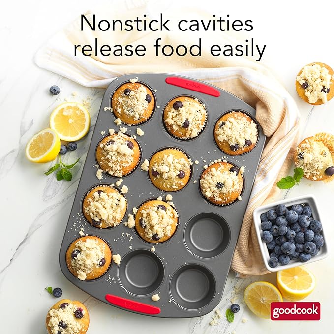 GoodCook MegaGrip 12-Cup Muffin Pan with Silicone Grip Handles Perfect for Cupcakes Durable Heavy-Gauge Steel Construction Scratch-Resistant Nonstick Coating, 15.5x10.5-Inch, Gray