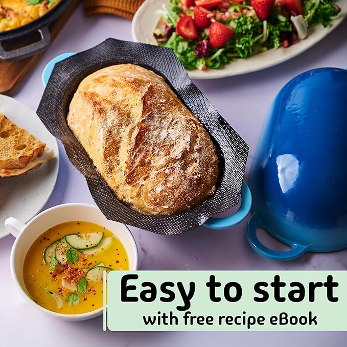 LoafNest: No-Knead Artisan Bread Kit. Incredibly easy! Cast Iron Dutch Oven [2 qt] and Perforated Non-Stick Silicone Liner.