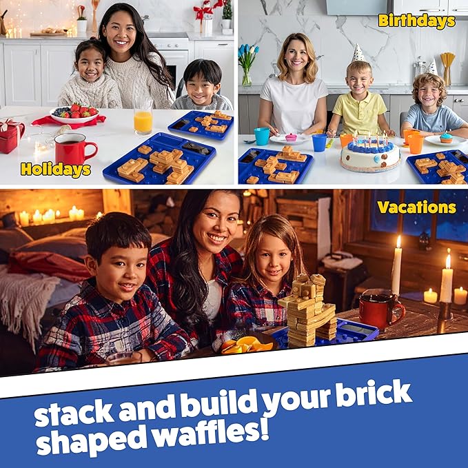 Building Brick Electric Waffle Maker- GREY with 2 Construction Eating Plates- Cook Fun Buildable Waffles in Minutes Like Houses, Cars & More- Revolutionize Breakfast - Stack & Build on Serving Dishes