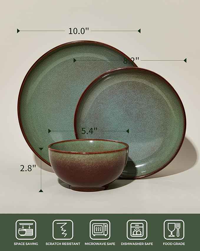 Stoneware Dinnerware Sets Service for 12, 36 pcs Reactive Glaze Plates and Bowls Sets, Handmade Ceramic Dish Set, Highly Chip and Crack Resistant Modern Plate Set, Brown Green