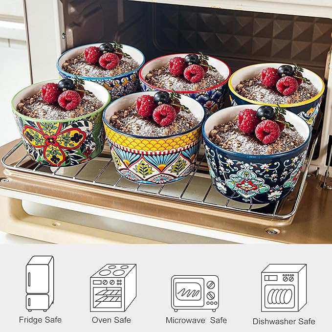 8 oz Ramekins Oven-Safe – Baking Cups for Creme Brulee, Puddings, Souffles, Custards, Ice Cream & Dips – Ceramic Single-Serve Bowls Set of 6, Bohemian Style