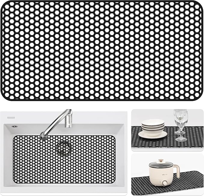 Bestjing Silicone Sink Protectors for Kitchen Sink - 28.4"x 14.3" Kitchen Protector Accessory, Non-Slip Heat Resistan Mat for Bottom of Farmhouse Stainless Steel Porcelain, Black