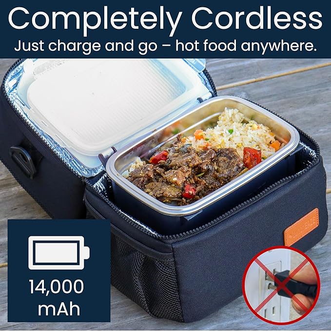 LunchEAZE XL Cordless Heated & Electric Lunch Box – Battery-Powered, 6-Cup Capacity, 220°F, Automatic Scheduled Heating, Insulated Bag for Hot Meals Anywhere