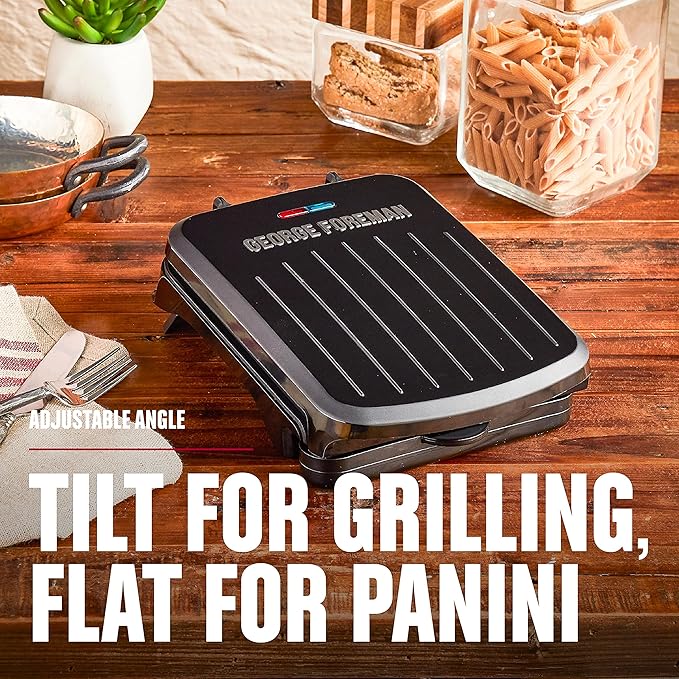 George Foreman Compact 2-Serving Electric Indoor Grill and Panini Press for 1–2 People, Classic Plates, Black
