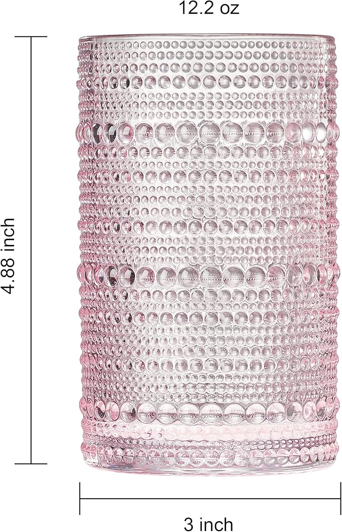 Khen Hobnail Beaded Highball Drinking Tumbler Glasses | Set of 6 | Pastel Pink, Vintage Bubble Whiskey Glassware, Embossed Cocktail, Water, Rocks Glass