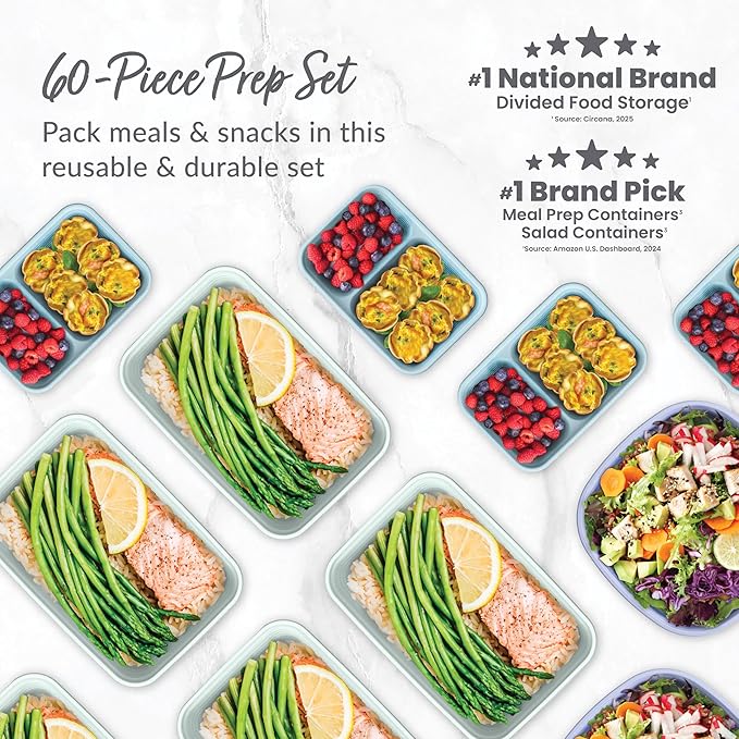 Bentgo Prep 60-Piece Variety Meal Prep Kit - Reusable PFAS & BPA-Free Food Containers 1-Compartment Trays, Prep Bowls, & Snack Boxes - Microwave, Freezer, & Dishwasher Safe (Floral Pastels)