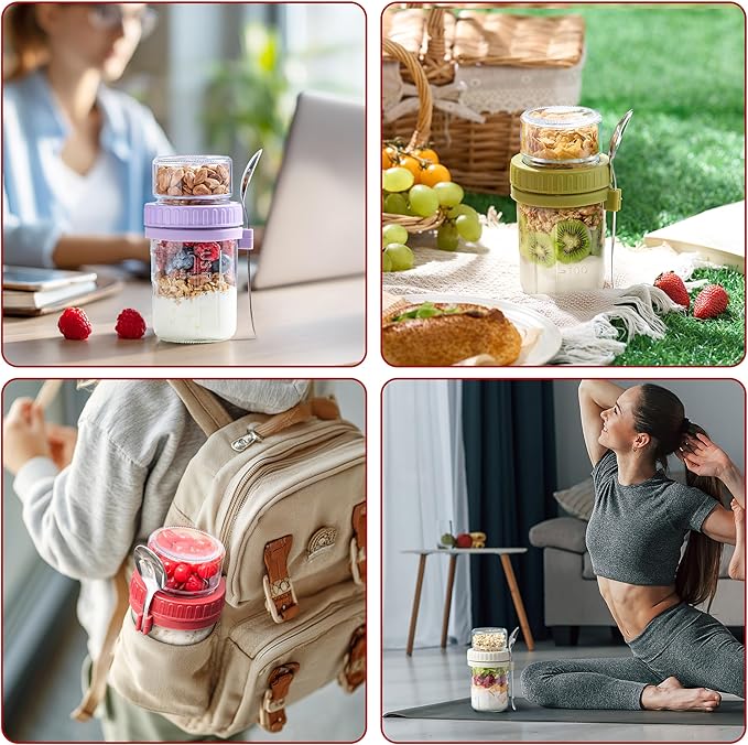 Danmu 4 Pack Overnight Oats Containers with Lids 16 oz,Dual-Layer Yogurt Parfait Cups with Lids,Meal Prep Containers Glass for Snack,Overnight Oats,Yogurt,Parfait,Salad Dishwasher Safe