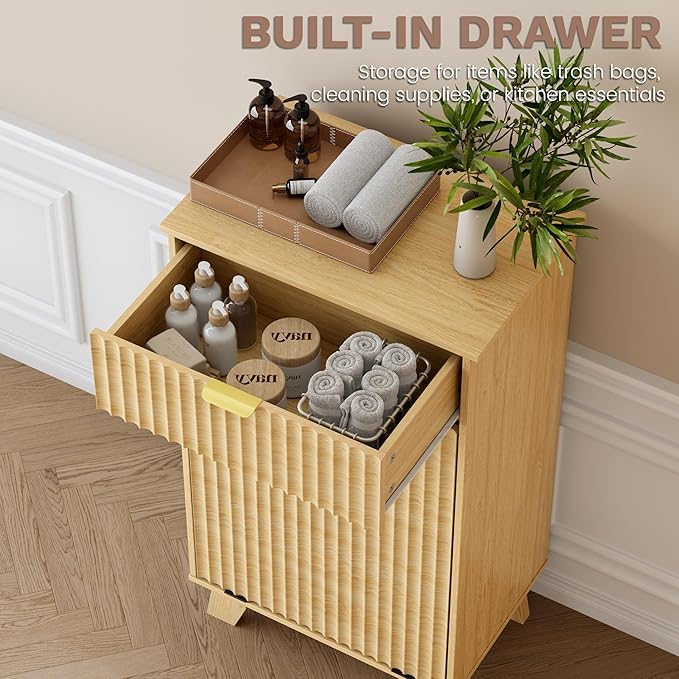 Modern Tilt Out Laundry Hamper Cabinet, 10 Gallon Wooden Trash Can Cabinet with Storage Drawer, Hidden Fluted Bathroom Storage Cabinet for Kitchen, Living Room (Natural Wood, 20.47"W x 35.83"H x 13"D)