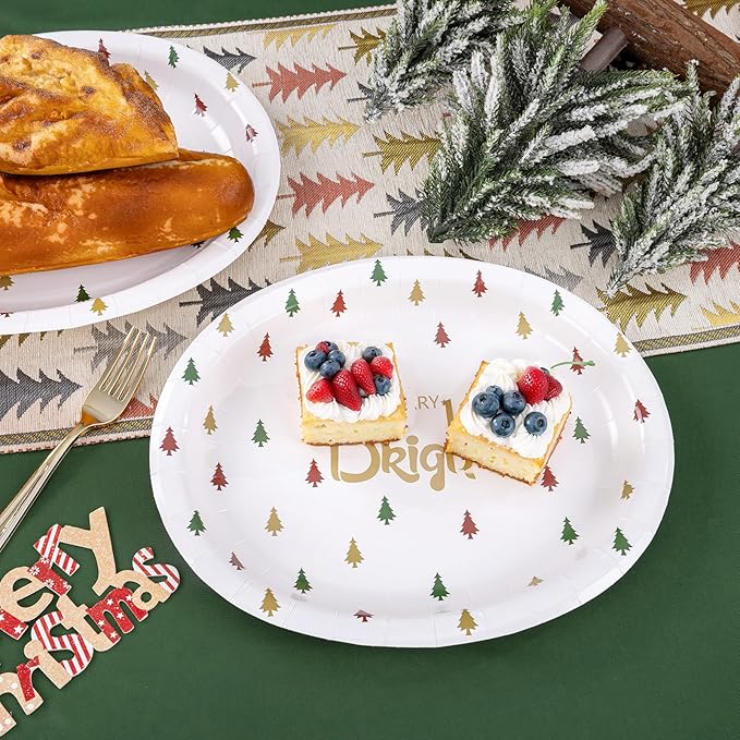 WDF 100 Pack Christmas Paper Plates - 10" x 12"Disposable Christmas Plates Disposable with Christmas Trees-Large Oval Paper Plates Heavy Duty- Party Plates for Christmas