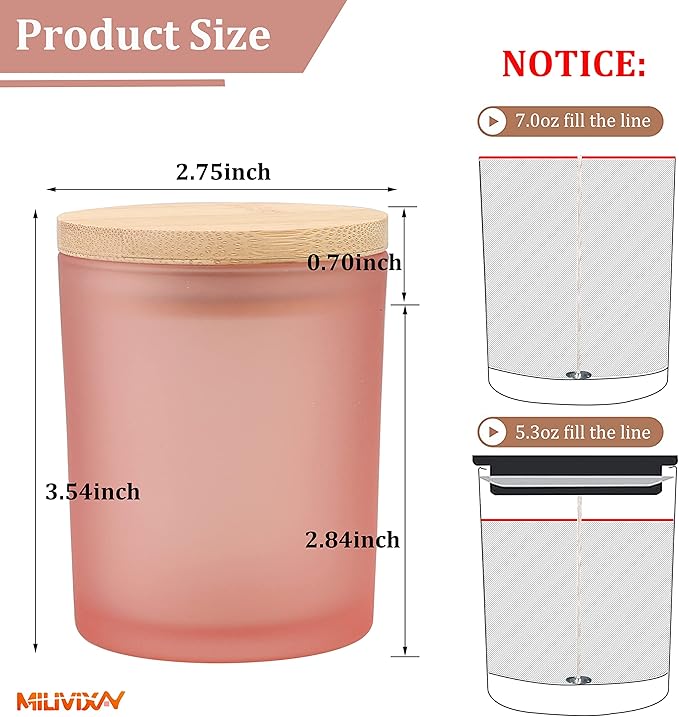 MILIVIXAY 12 Pack 7 OZ Frosted Pink Glass Candle Jars with Lids and Candle Making Kits - Bulk Empty Candle Jars for Making Candles - Spice, Powder Containers.