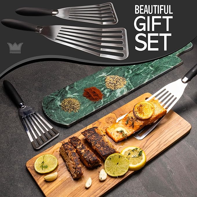 Professional Fish Spatula Stainless Steel Set - 1 Large + 1 Small stainless steel spatula - mirror polished spatulas with heat resistant ergonomic handles - fish turner for Flipping, Frying & Grilling
