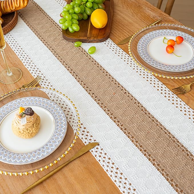 FEXIA Boho Table Runner for Spring Home Decor with Tassels 72 Inches Long Farmhouse Rustic Table Runner Macrame Burlap Table Decoration for Kitchen Living Room Bridal Shower(12x72 Inches)