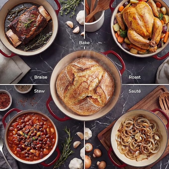 Zulay Kitchen 6 Quart Enameled Cast Iron Dutch Oven Pot with Lid – Premium Durability & Oven Safe up to 500°F – Heavy Duty Cookware Perfect for Bread Baking, Stews, Braising & Roasting – Garnet