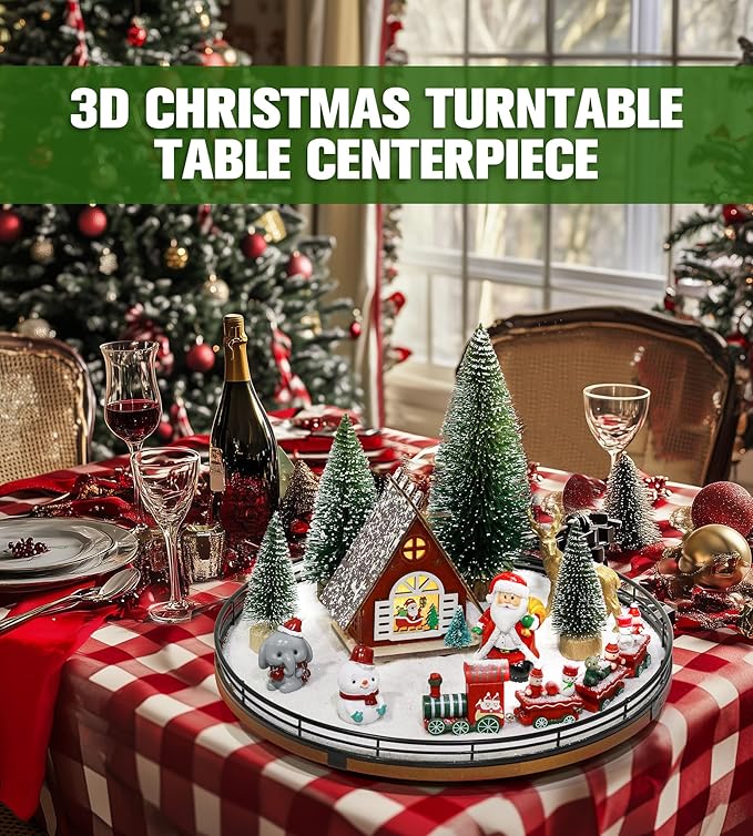 AMH 12 PCS Christmas Table Decorations Set with Oak Rotating Base – Xmas Town Village Centerpiece with Santa, Train, House, Trees & Figurines, Tabletop Decorations for Holiday Dining & Coffee Tables
