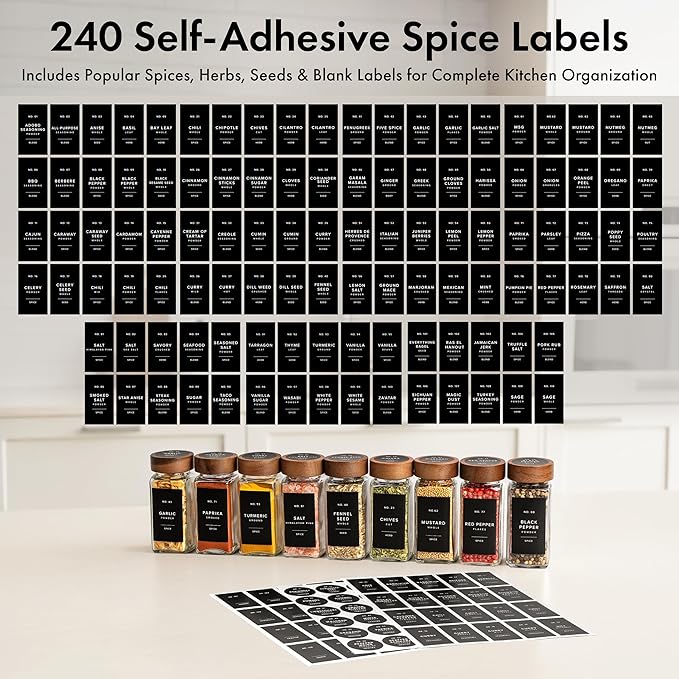 EDELHAUS® Square Spice Jars with Acacia Wooden Lid (Pack of 24) Spice Jars with Shaker Insert and 240 Labels - Acacia Lids Glass Container for Spice Organisation [4.3 in × 1.8 in]