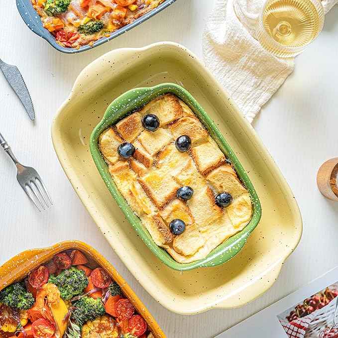 Ceramic Baking Dishes for Oven,Heavy Duty Bakeware Dish Set of 3, Rectangular Casserole,Lasagna Pan Deep,High Heat Resistant,Glazed Handcraft Speckle Series (13.8''/12''/9.6''Green)