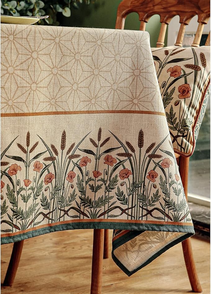 patdrea Designer French Light Brown Rectangle Table Cloth,Linen Floral Durable Breathable Tablecloth,Decorative for Kitchen Dining,Parties,Tea Party,Christmas,Thanksgiving,55"x79"-Cudillero