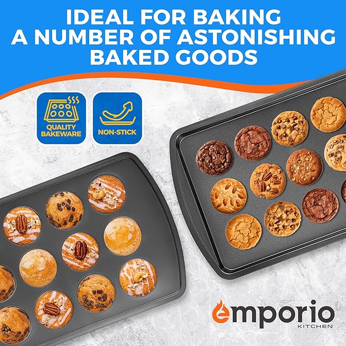 Emporio Kitchen Stackable Baking Pan Set - Deluxe Nonstick Black Coating, Carbon Steel Bakeware Sets, PFOA, PFOS, PTFE Free, Recipe Booklet Included, Oven Safe (Up to 450°F), Set of 7 - Black
