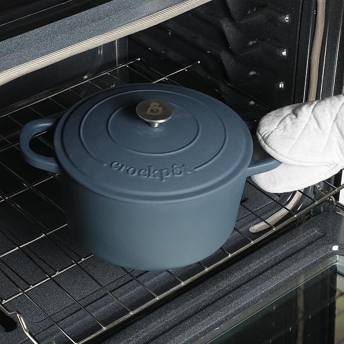Crock-Pot Artisan 5-Quart Round European Enameled Cast Iron Dutch Oven with Lid – Matte Navy Blue, Durable Oven Safe Cookware