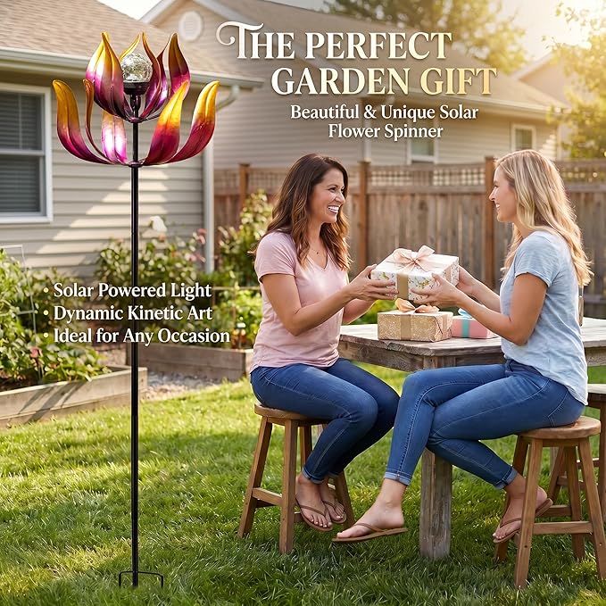 Solar Wind Spinner Outdoor Metal Decor - 61" Tall Lotus Kinetic Yard Art with Color-Changing Crackle Glass LED Light, Dual-Directional Wind Catcher Lawn Ornament for Garden, Patio & Yard Gift