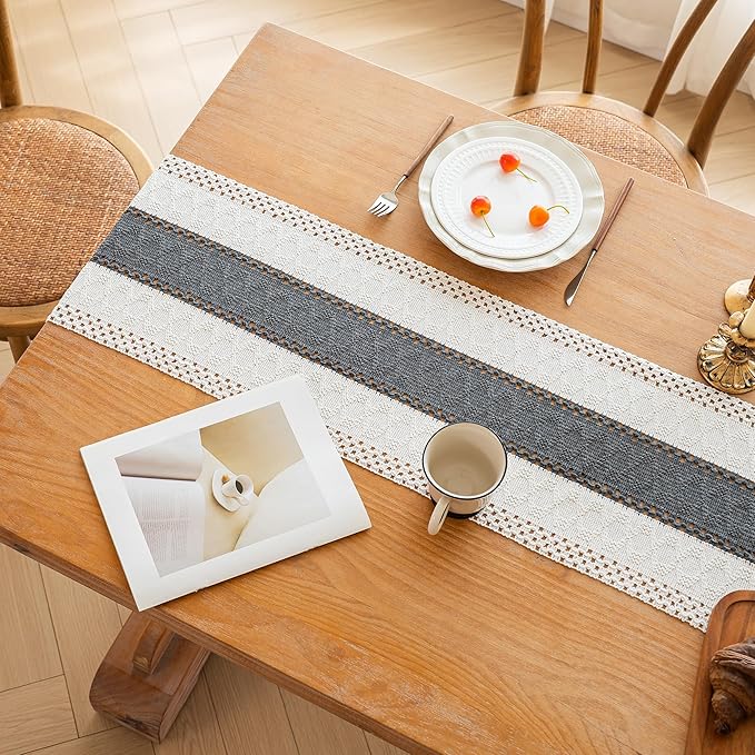 FEXIA Boho Table Runner for Home Decor with Tassels 48 Inches Long,Grey Farmhouse Rustic Table Runner Macrame Burlap Table Decoration for Living Room Bridal Shower(12x48 Inches)