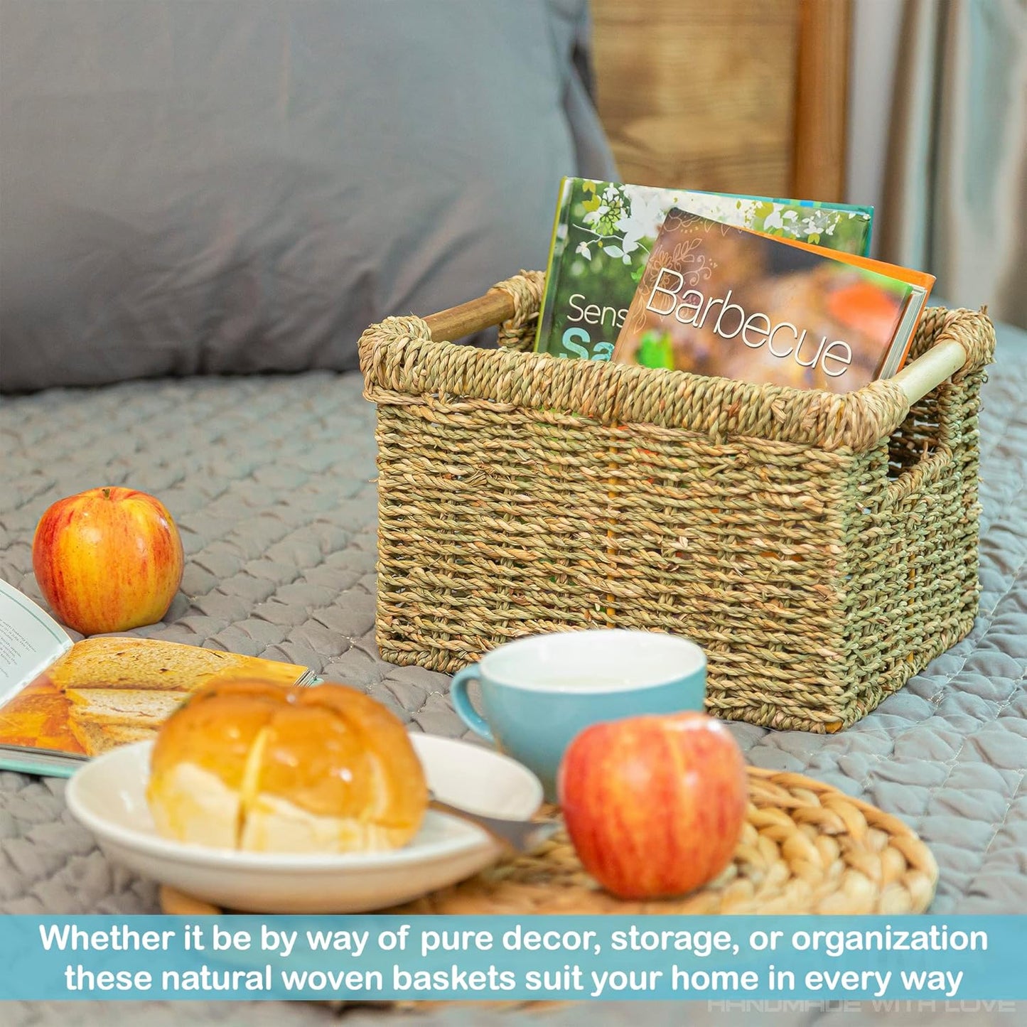 Small Wicker Baskets for Organizing Bathroom, Seagrass Baskets for Storage, Wicker Storage Basket with Wooden Handle, Decorative Small Organizing Basket 10.3 x 7.7 x 6.3 inches - 3 Pack