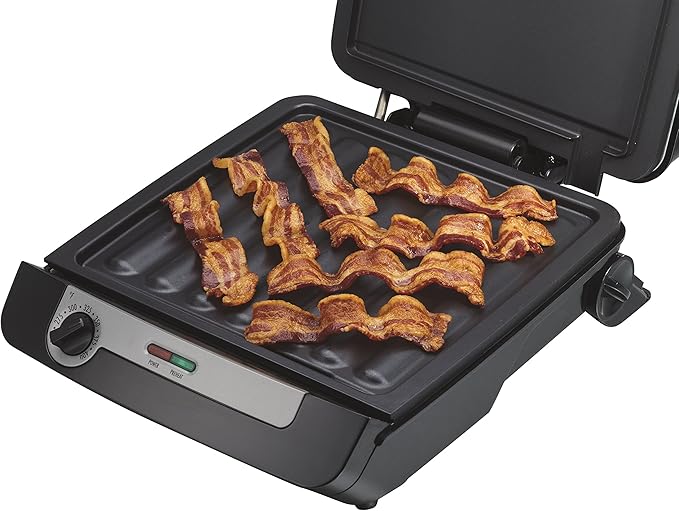 Hamilton Beach 4-in-1 Indoor Grill & Electric Griddle Combo with Bacon Cooker, Opens Flat to Double Cooking Surface, Removable Nonstick Plates, Black & Silver (25601)