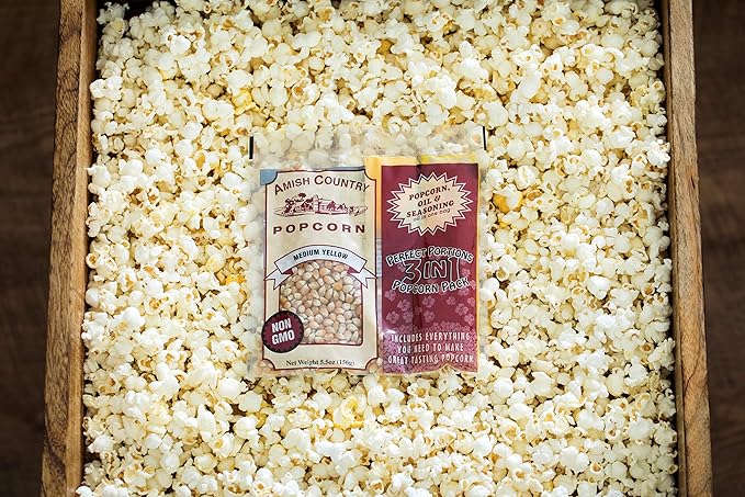 Amish Country Popcorn | All-In-One Medium Yellow Kernel Popcorn Packs | Pre-Measured for Popcorn Machines and Includes Hulless Popcorn, Oil & Salt (5.5 ounce, Pack of 24)