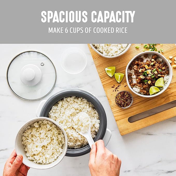 GreenLife Rice Cooker with Removable PFAS-Free Ceramic Nonstick Pot, 3-Cups Uncooked/6-Cups Cooked, Grains & Oatmeal Multicooker, Compact One-Switch Design, Auto Keep Warm, Easy Clean, White