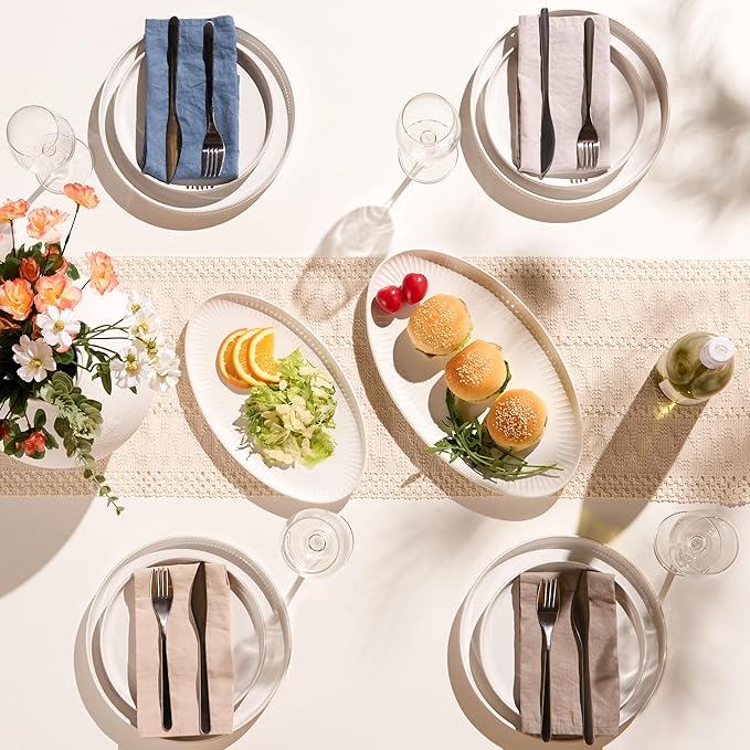 Serving Dishes, 12/14", Durable Ceramic Platters, Ribbed Rim, Oval, Microwave and Dishwasher Safe, Medium/Small, Set of 2, Powder White, Tidal Collection