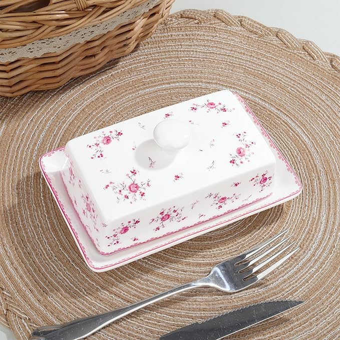 fanquare Porcelain Butter Dish with Lid, Classic Ceramic Butter Keeper with Raised Leg, Butter Dishes for Cafeteria Kitchen Countertop, Blue and White (Pink Rose)