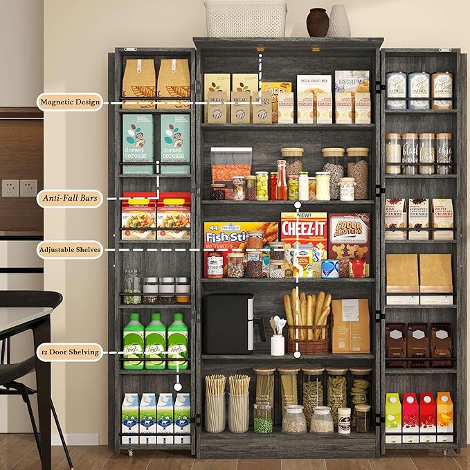 Tall Kitchen Pantry Cabinet: Food Pantry Cabinets for Kitchen Storage, Grey Wood Storage Cabinet with 2 Doors, Farmhouse Cabinets with Freestanding Cupboard (Grey)