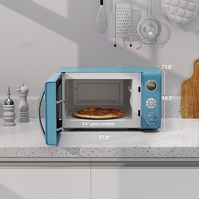 Galanz GLCMKA07BER-07 Retro Microwave Oven, LED Lighting, Pull Handle Design, Child Lock, Bebop Blue, 0.7 cu ft