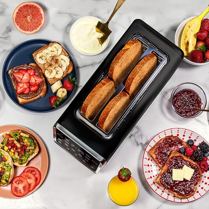 Inspirex Touch Screen Toaster - 4 Slice, 2 Extra Long Slots - 5 Bread Types and 6 Browning Levels - Defrost, Reheat, Favorite, & Single Slot Modes - For Toast, Bagels, & Waffles – Black