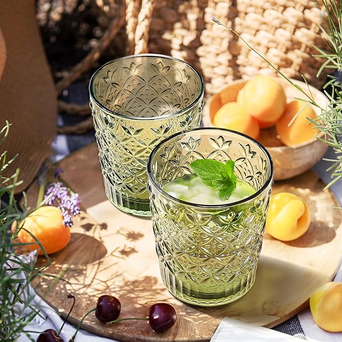 Joeyan Green Vintage Drinking Glasses,Embossed Water Glass Cups,Colored Decorative Glass Tumblers,Elegant Glassware Cups for Beverages Juice Cocktail Beer,11 oz,Set of 6,Dishwasher Safe