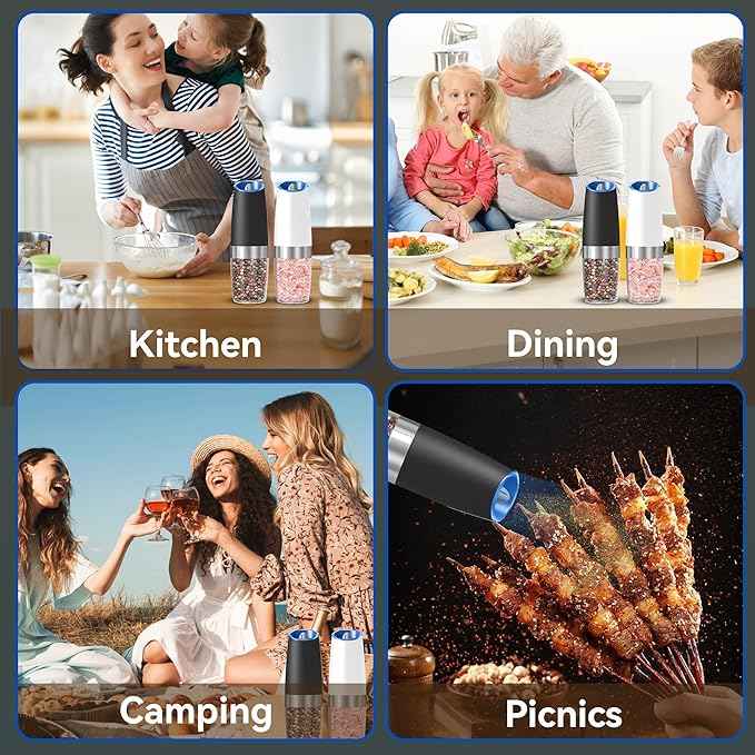 Gravity Electric Salt and Pepper Grinder set of 2, Automatic Salt And Pepper Grinder Set, Adjustable Roughness, Battery Powered, LED Light, 2 Pack, (Black&White)