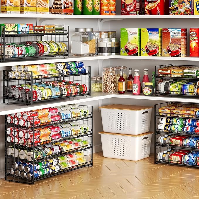 2-Tier Stackable Can Organizer for Pantry, Adjustable Extra-Long Can Rack for Pantry Shelf Organizer and Storage, Sturdy Standing Can Holder for Canned Soup Food Goods Storage up to 64 Cans, Black